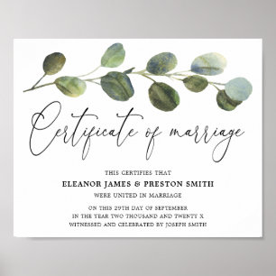 Poster Certificat de Mariage d'Eucalyptus botanique