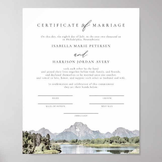 Poster Certificat de mariage du parc national TETON (Devant)
