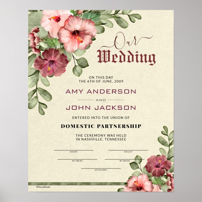 Poster Certificat de Mariage floral de "partenariat intér (Devant)