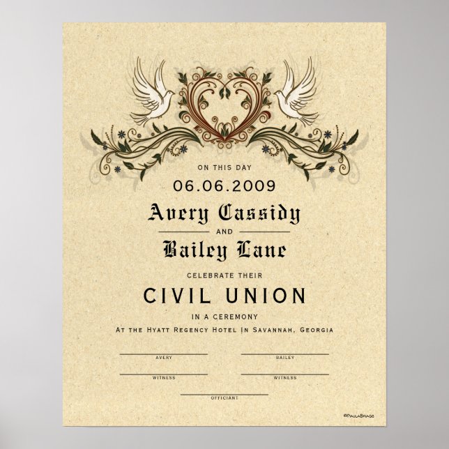 Poster Certificat de Mariage floral élégant "Union civile (Devant)