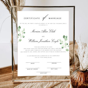 Poster Certificat De Mariage Floral Mariage Vert