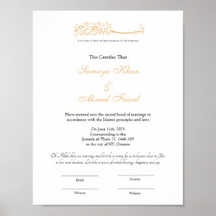 Poster Certificat de mariage islamique, certificat Nikkah