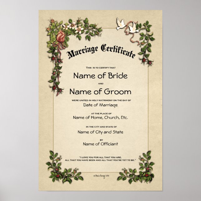 Poster Certificat de mariage Mariage-(conservation orneme (Devant)