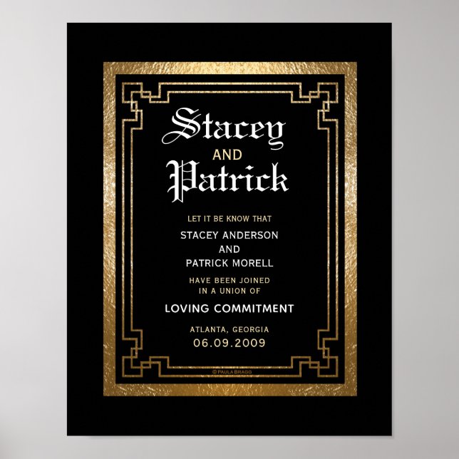 Poster Certificat de Mariage noir en or géométrique simpl (Devant)