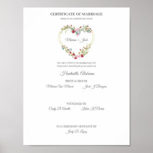 Poster Certificat de Mariage Rouge & Rose Coeur Floral