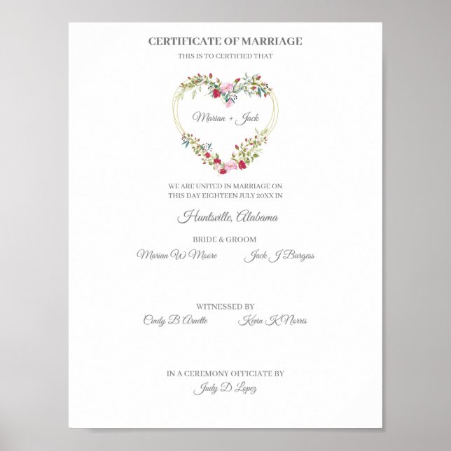 Poster Certificat de Mariage Rouge & Rose Coeur Floral (Devant)