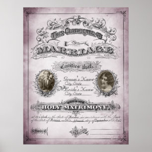 Poster Certificat de mariage Vintage de ton rose