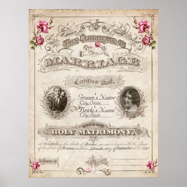 Poster Certificat de mariage Vintage Rose antique (Devant)