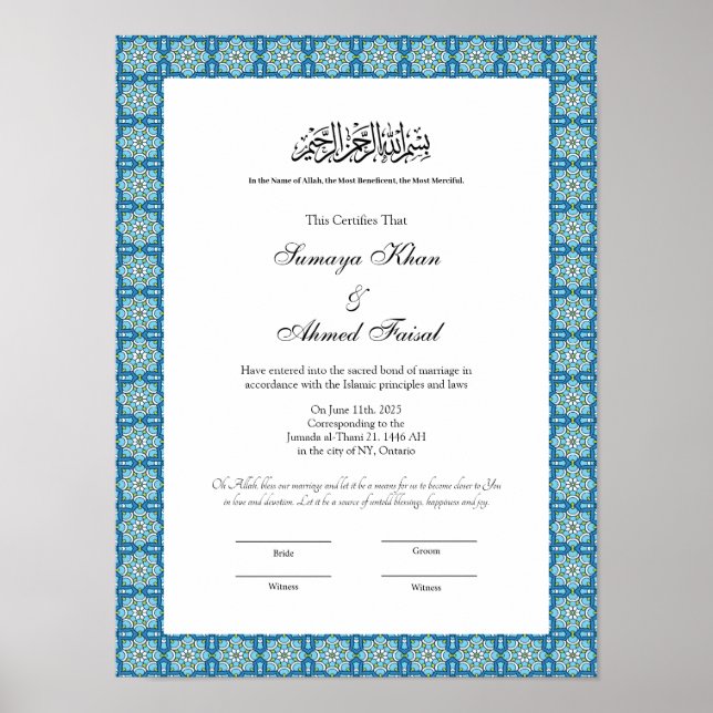 Poster certificat de muslim nikkah (Devant)