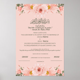 Poster Certificat de Nikah islamique  Aquarelle rose tend