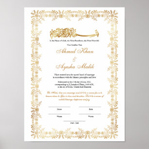 Poster Certificat de Nikkah en or pour mariage islamique 