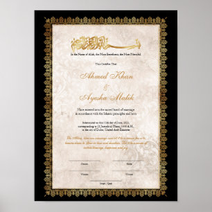 Poster Certificat de Nikkah en or pour mariage islamique 