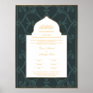 Poster Certificat de nikkah vert avec bordure or