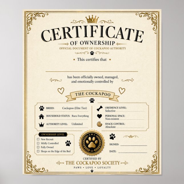 Poster Certificat de Propriétaire de Cockapoo Personnalis (Devant)
