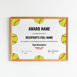 Poster Certificat d'excellence de softball