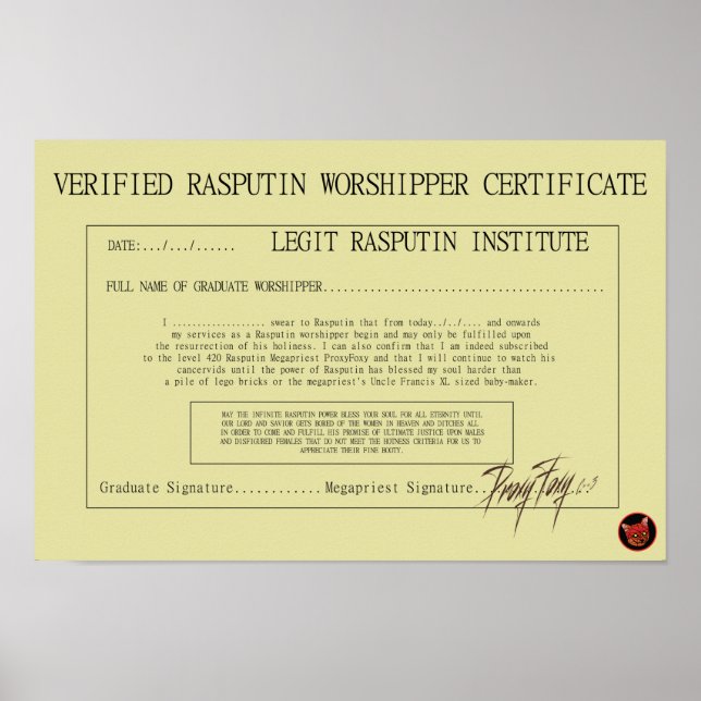 POSTER CERTIFICAT DU NAVIGATEUR RASPUTIN (Devant)