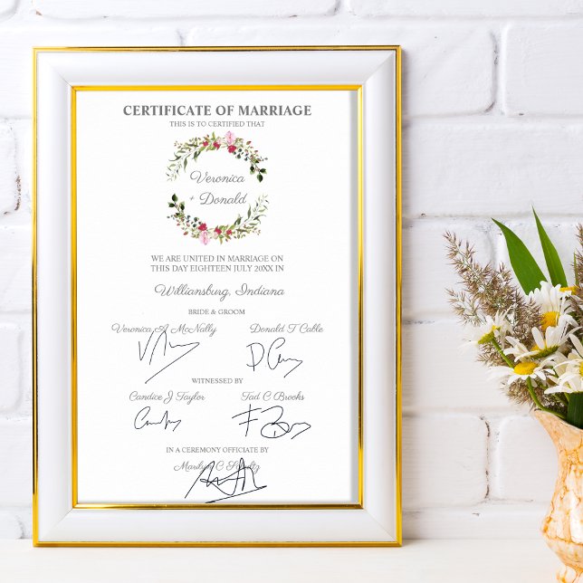 Poster Certificat mariage Couronne florale rouge et rose (Créateur téléchargé)
