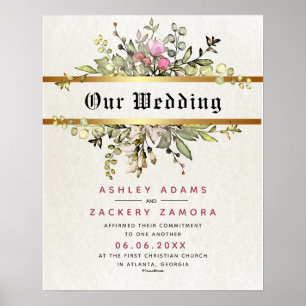Poster Certificat Mariage de bannière florale d'engagemen