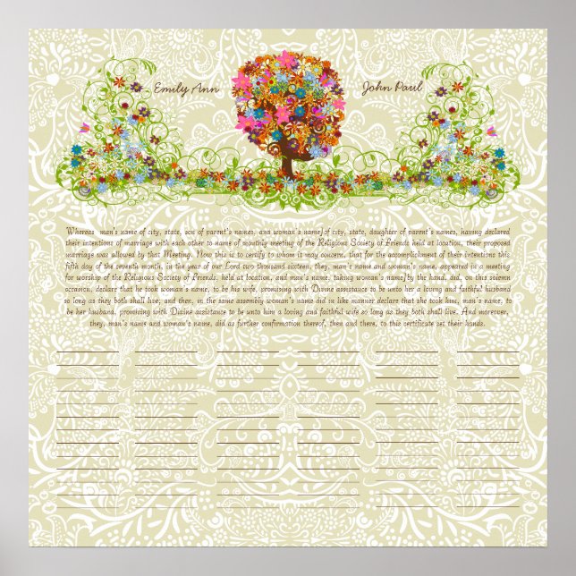 Poster Certificat Mariage d'impression Quaker de l'arbre  (Devant)
