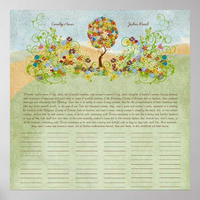 Poster Certificat Mariage d'impression Quaker de l'arbre  (Devant)