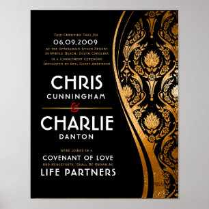 Poster Certificat Mariage noir or élégant