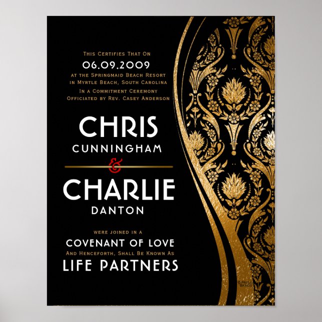 Poster Certificat Mariage noir or élégant (Devant)