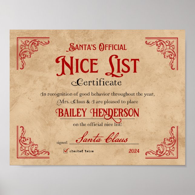 Poster Certificat Nice Approuvé Père Noël (Devant)