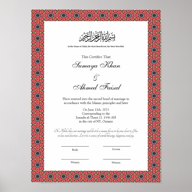 Poster Certificat nikkah cadre rouge (Devant)