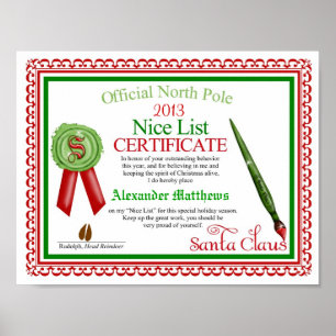 Poster Certificat officiel de liste du père noël Nice