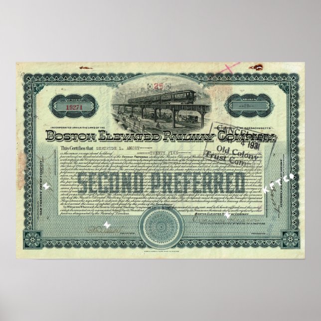 Poster Certificat Stock de Boston Elevated Railway Co. (Devant)