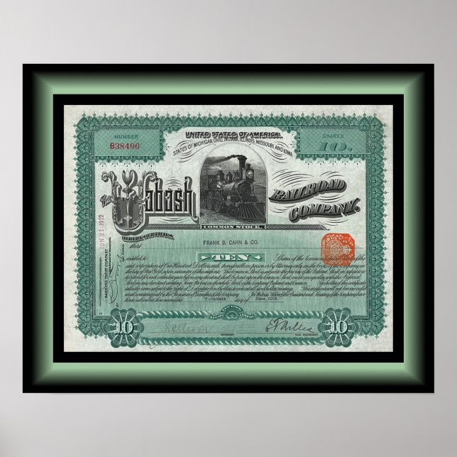 Poster Certificat Stock de Wabash Railroad Company ~ 1912 (Devant)