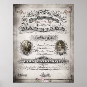 Poster Certificat vintage de mariage papillon
