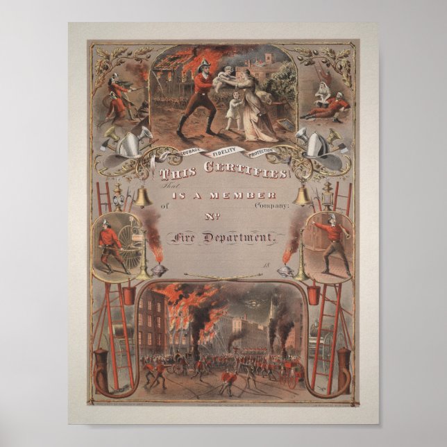 Poster Certificat vintage de pompier - 1877 (Devant)