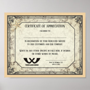 Poster Certificate of appreciation staff employee award