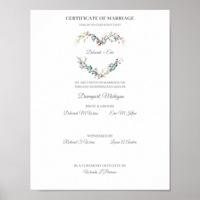 Poster Certificate of Marriage Floral Heart in Pink (Devant)