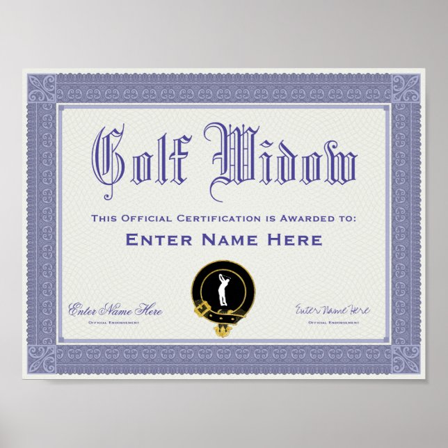 Poster Certification Golf Widow amusant (Devant)