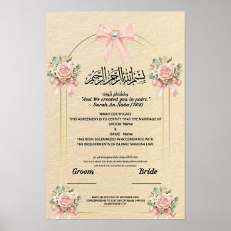 Poster CertificatNikahIslamique Ruban RosePâle Perle Fleu