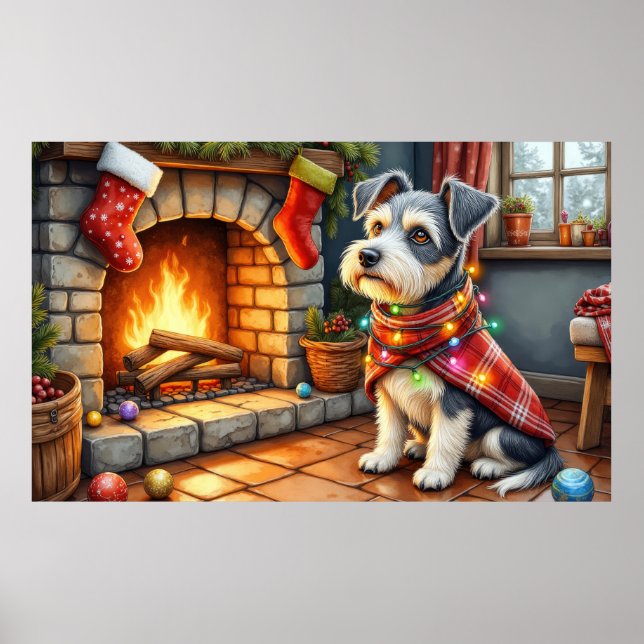 Poster Cesky Terrier Fireplace with Christmas Lights (Devant)