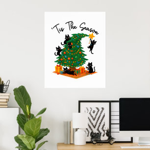 Poster C'est la saison Arbre de Noël Chat noir mignon