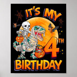 Poster C'est mon 4ème anniversaire de dinosaure squelette