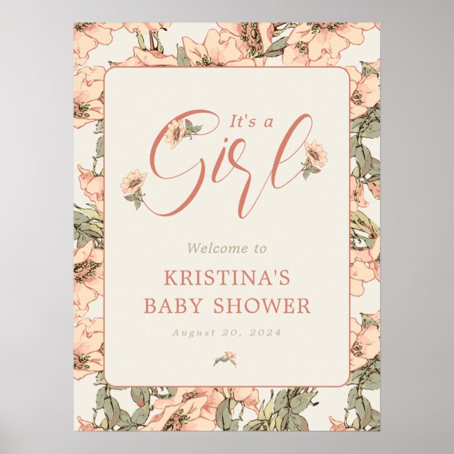 Poster C'est une fille rose Roses Baby shower Bienvenue (Devant)