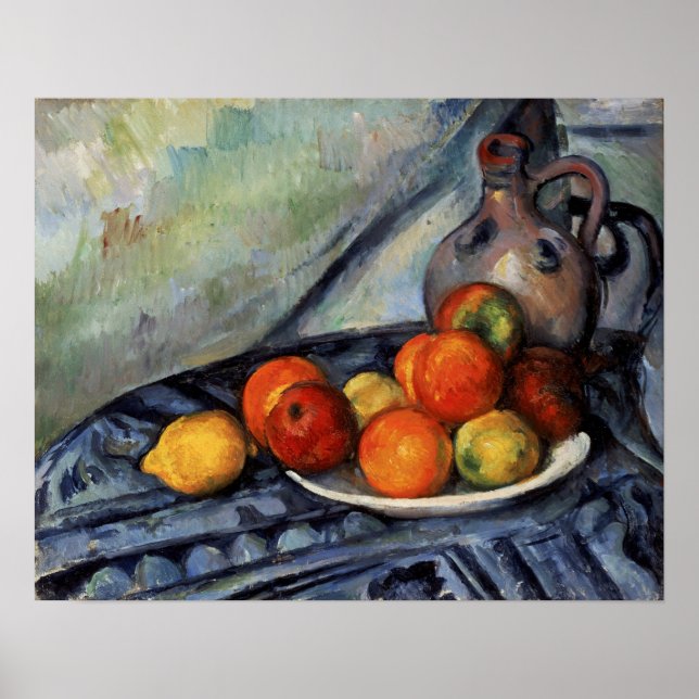 Poster Cézanne - Fruits et un pichet sur une table (Devant)
