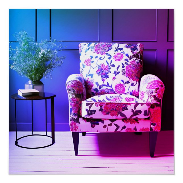 Poster Chaise rose violet bleu floral siège ai lampe d'ar (Devant)