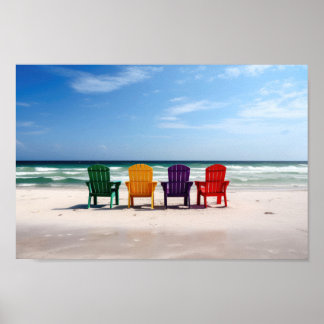 Poster Chaises de couleur vive sur une plage vide