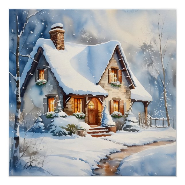 Poster Chalet neigeux Aquarelle Peinture Art (Devant)