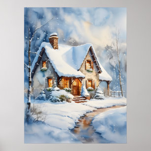 Poster Chalet neigeux Aquarelle Peinture Art