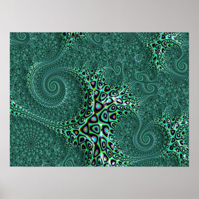 Poster Chaleureux Humide Turquoise Posé Octopus Fractal A (Devant)
