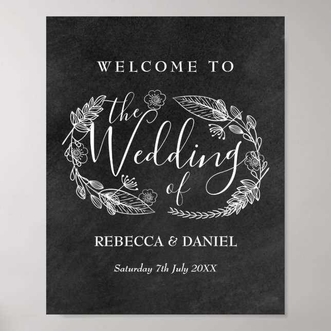 Poster Chalkboad Flacé à la main Accueil Garland Floral (Devant)
