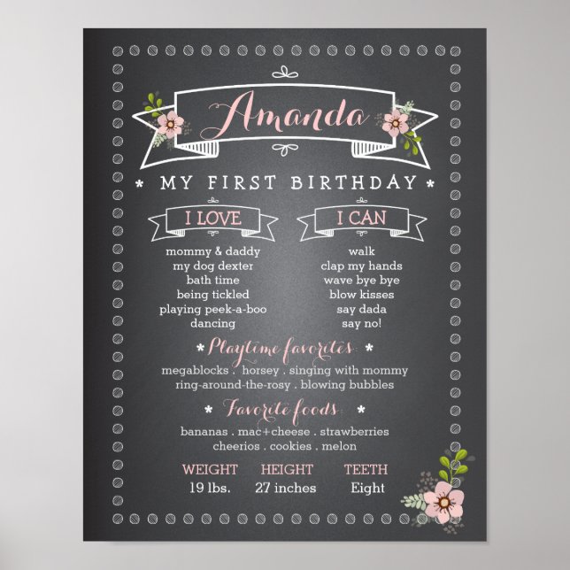 Poster Chalkboard Baby First Birthday Milestone Board (Devant)