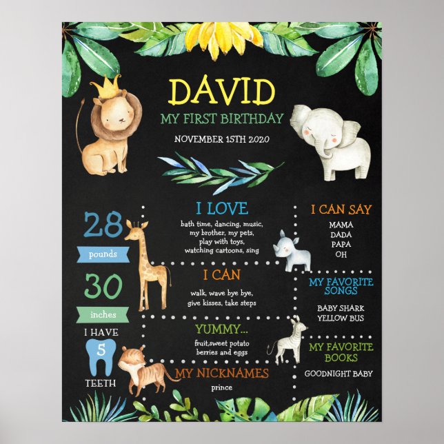 Poster Chalkboard Jungle Safari Premier anniversaire Jalo (Devant)